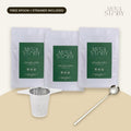 CycleBloom Full Season: three pouches of CycleBloom loose leaf tea with a free tea strainer and long silver brewing spoon