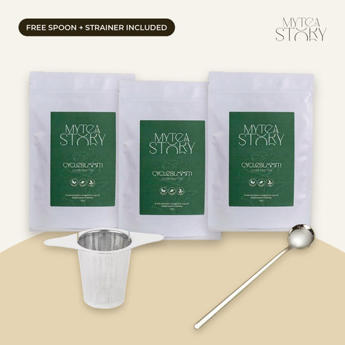CycleBloom Full Season: three pouches of CycleBloom loose leaf tea with a free tea strainer and long silver brewing spoon