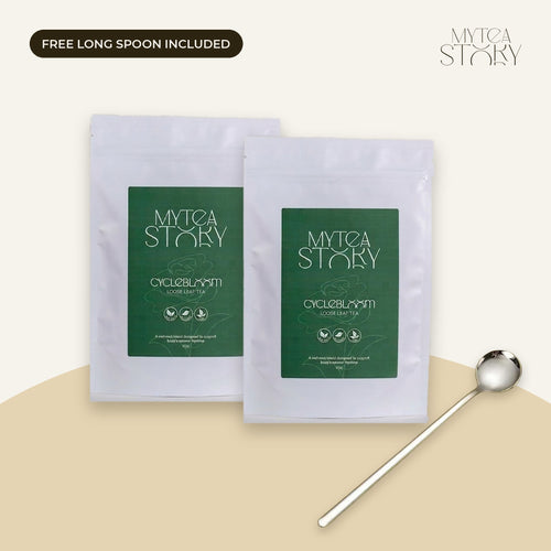 CycleBloom Two-Cycle Ritual: two pouches of CycleBloom loose leaf tea with a free long silver brewing spoon