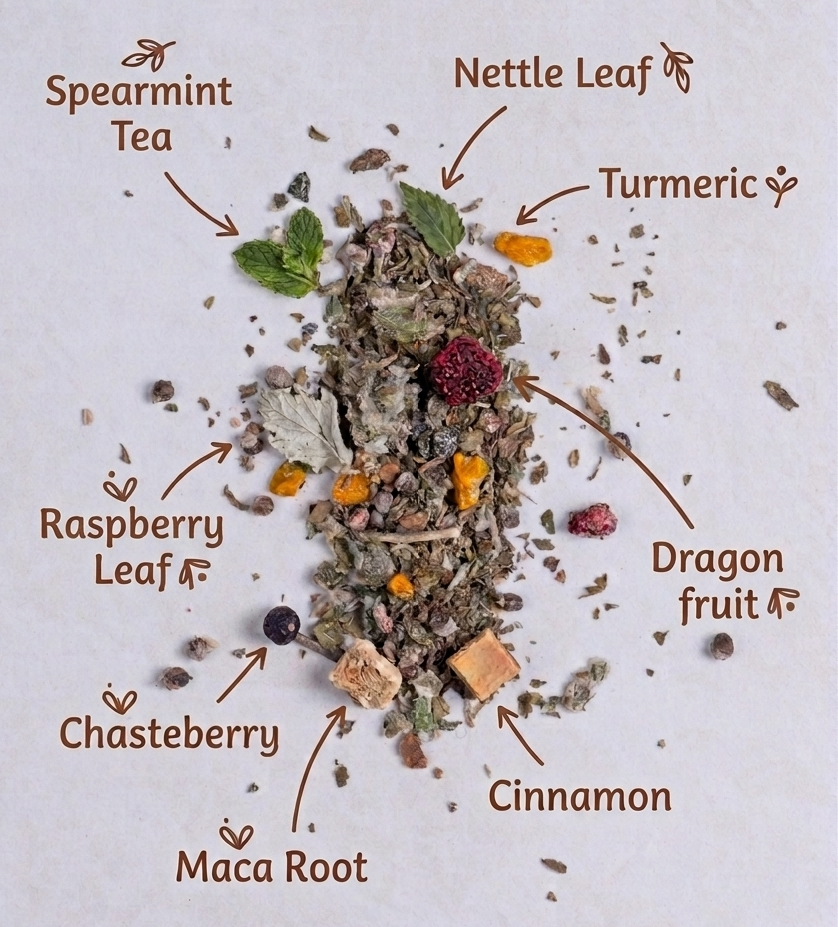 A flat-lay of a loose herbal tea blend labeled with handwritten ingredient names including Spearmint Tea, Nettle Leaf, Turmeric, Dragon fruit, Cinnamon, Raspberry Leaf, Chasteberry, and Maca Root, arranged on a light textured background.