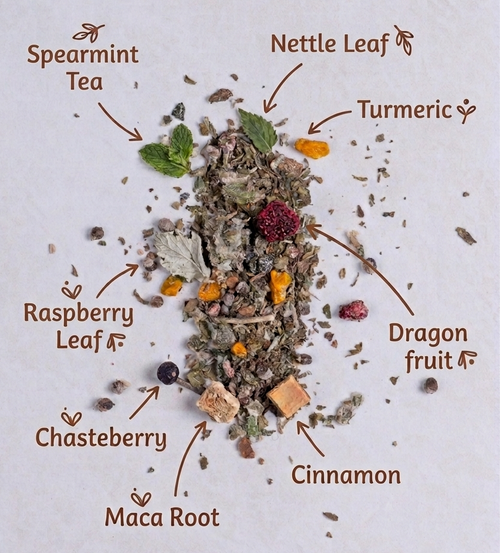 A flat-lay of a loose herbal tea blend labeled with handwritten ingredient names including Spearmint Tea, Nettle Leaf, Turmeric, Dragon fruit, Cinnamon, Raspberry Leaf, Chasteberry, and Maca Root, arranged on a light textured background.