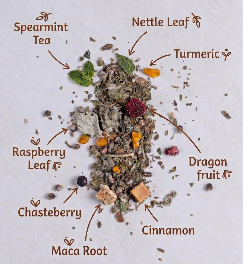 A flat-lay of a loose herbal tea blend labeled with handwritten ingredient names including Spearmint Tea, Nettle Leaf, Turmeric, Dragon fruit, Cinnamon, Raspberry Leaf, Chasteberry, and Maca Root, arranged on a light textured background.